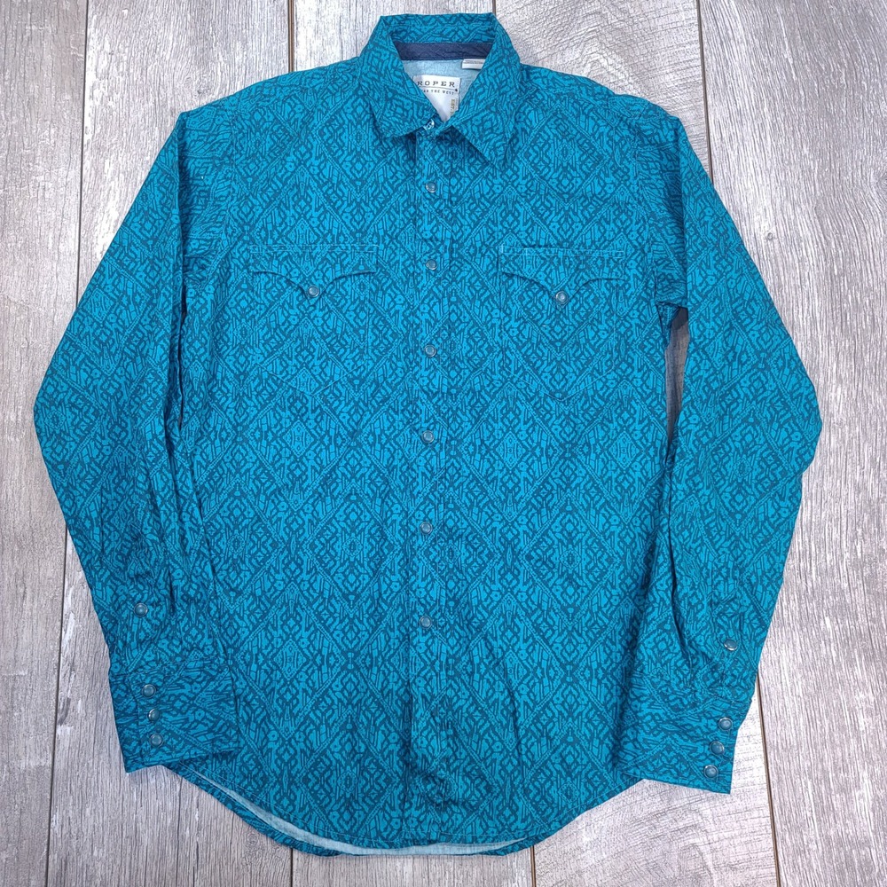 Roper Western Shirt Mens Small Teal Blue Geometric Snap Button Long Sleeve